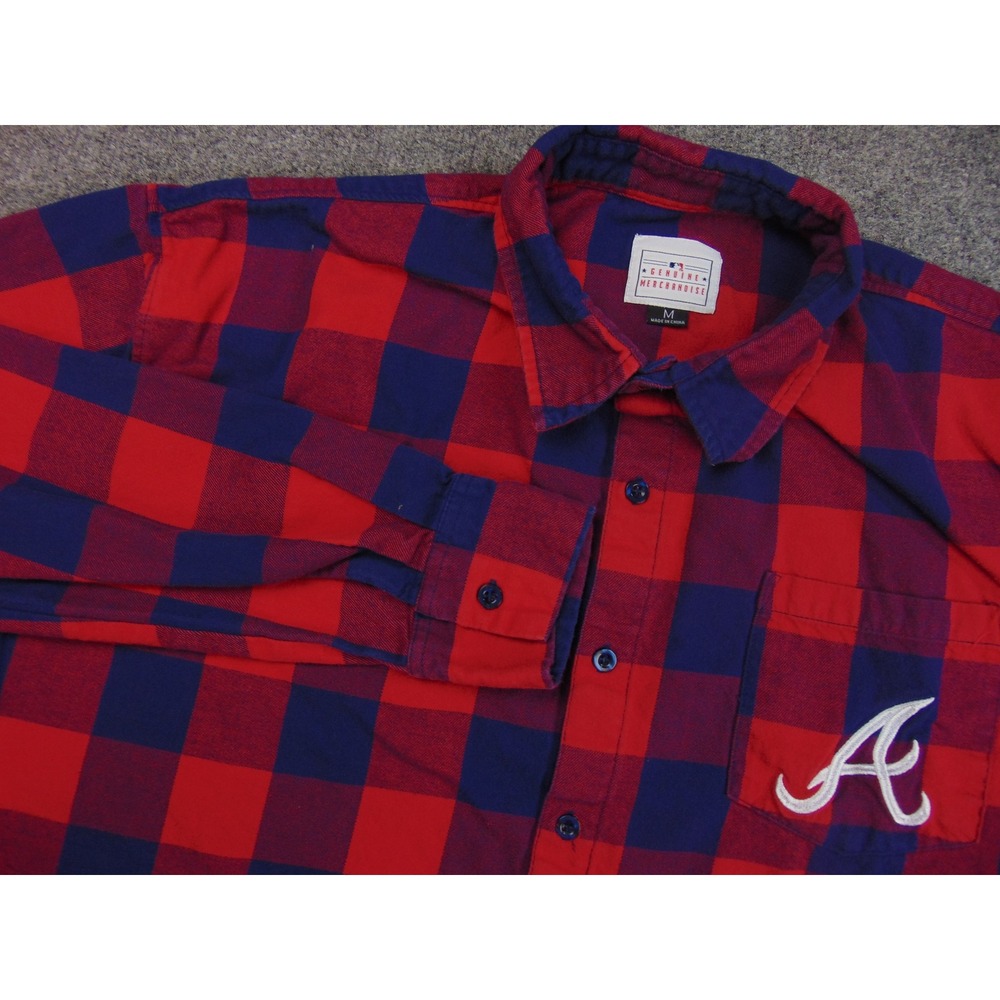Atlanta‎ Braves Flannel Shirt Mens Med Red Blue Plaid MLB Genuine Merchandise